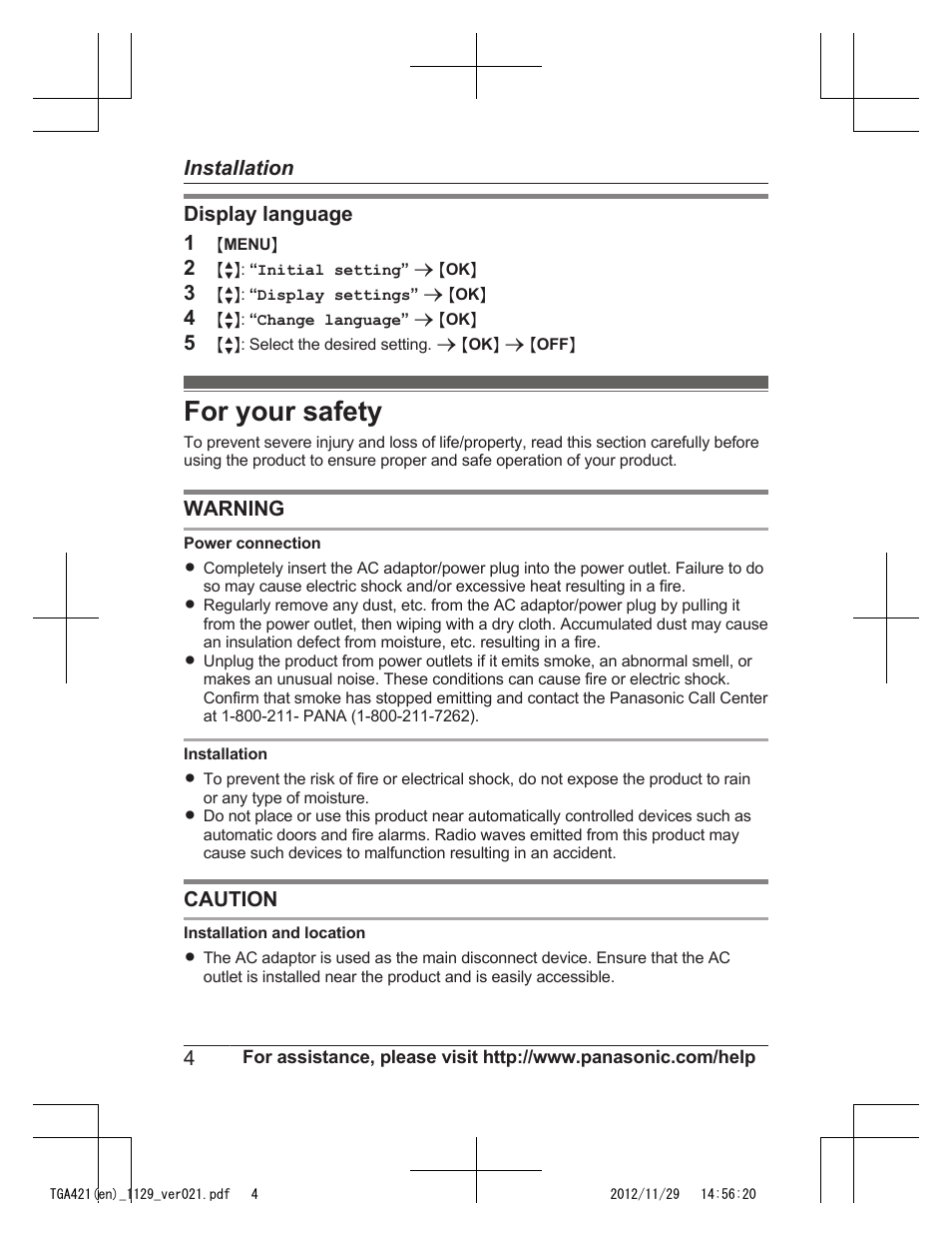 For your safety | Panasonic KX-TGA421N User Manual | Page 4 / 16