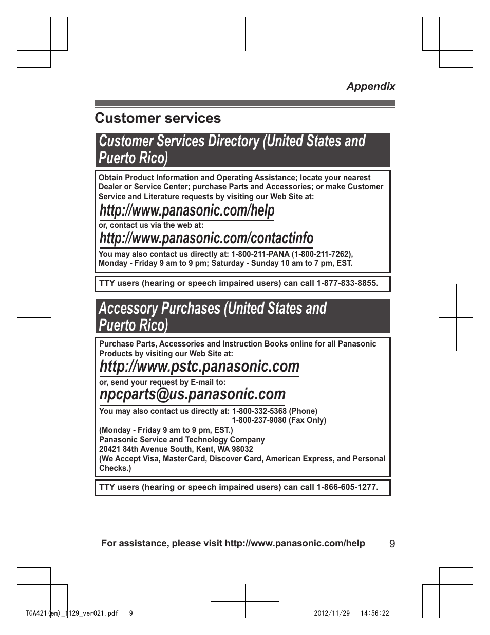 Appendix, Customer services | Panasonic KX-TGA421N User Manual | Page 9 / 16