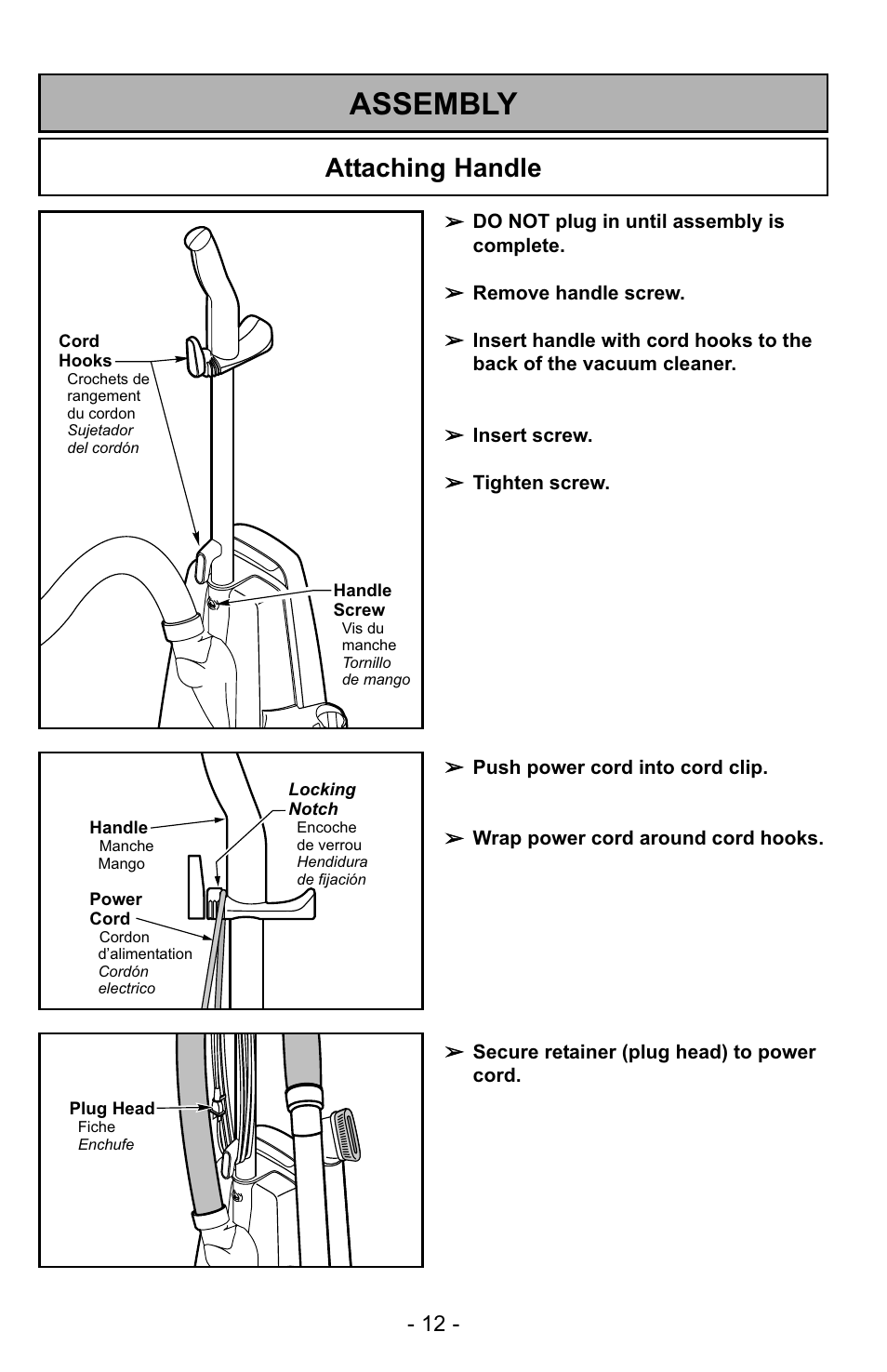 Assembly, Attaching handle | Panasonic MC-UG223 User Manual | Page 12 / 48