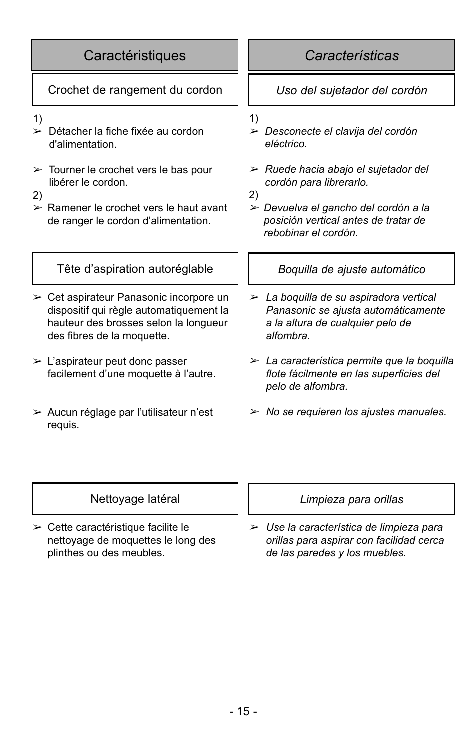 Caractéristiques, Características, Características caractéristiques | Panasonic MC-UG223 User Manual | Page 15 / 48