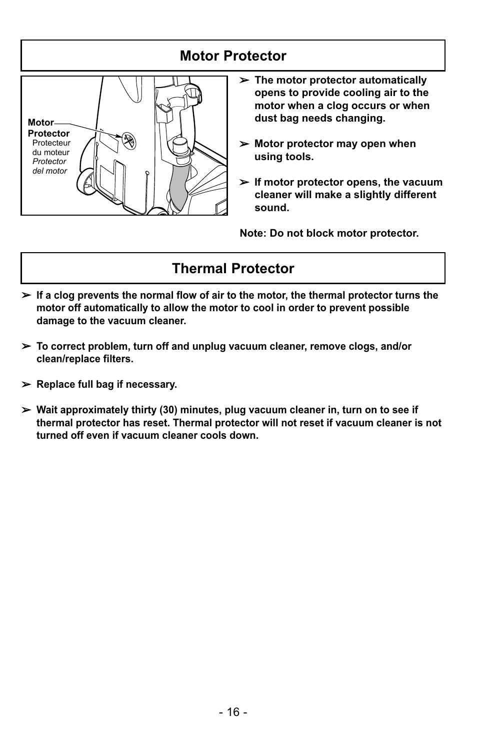 Motor protector, Thermal protector | Panasonic MC-UG223 User Manual | Page 16 / 48