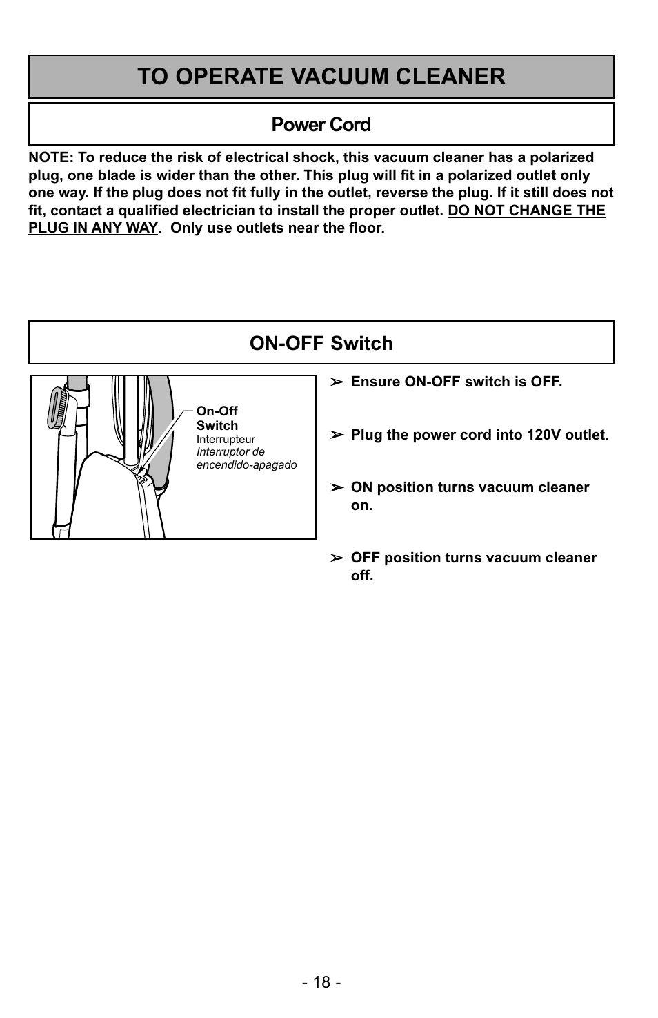 To operate vacuum cleaner, Power cord, On-off switch | Panasonic MC-UG223 User Manual | Page 18 / 48