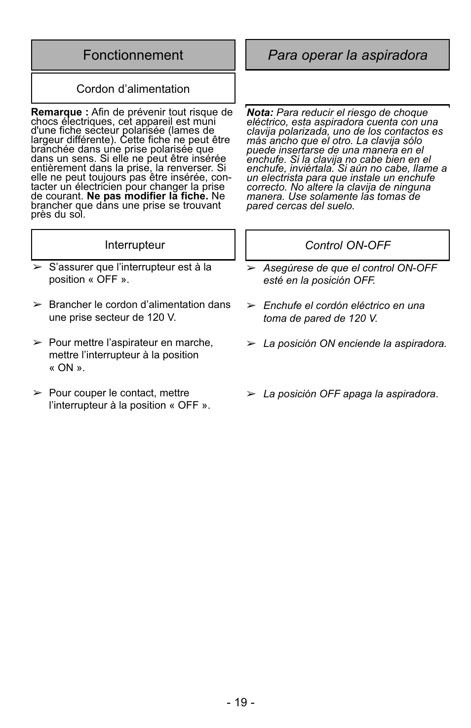 Fonctionnement, Para operar la aspiradora, Para operar la aspiradora fonctionnement | Panasonic MC-UG223 User Manual | Page 19 / 48