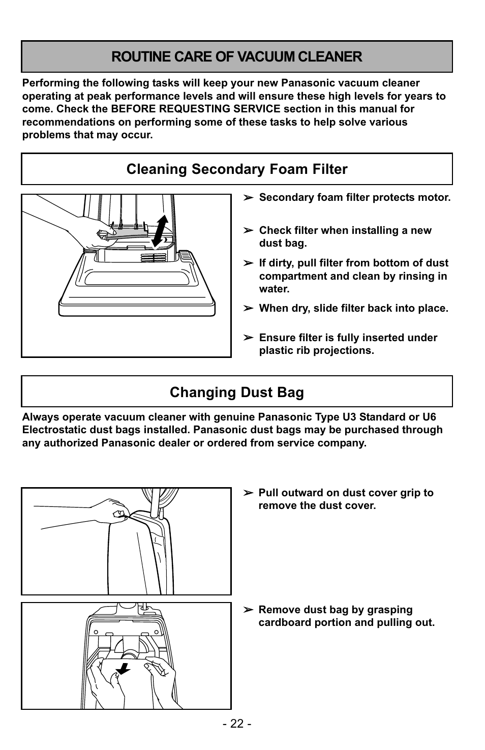 Routine care of vacuum cleaner, Changing dust bag | Panasonic MC-UG223 User Manual | Page 22 / 48