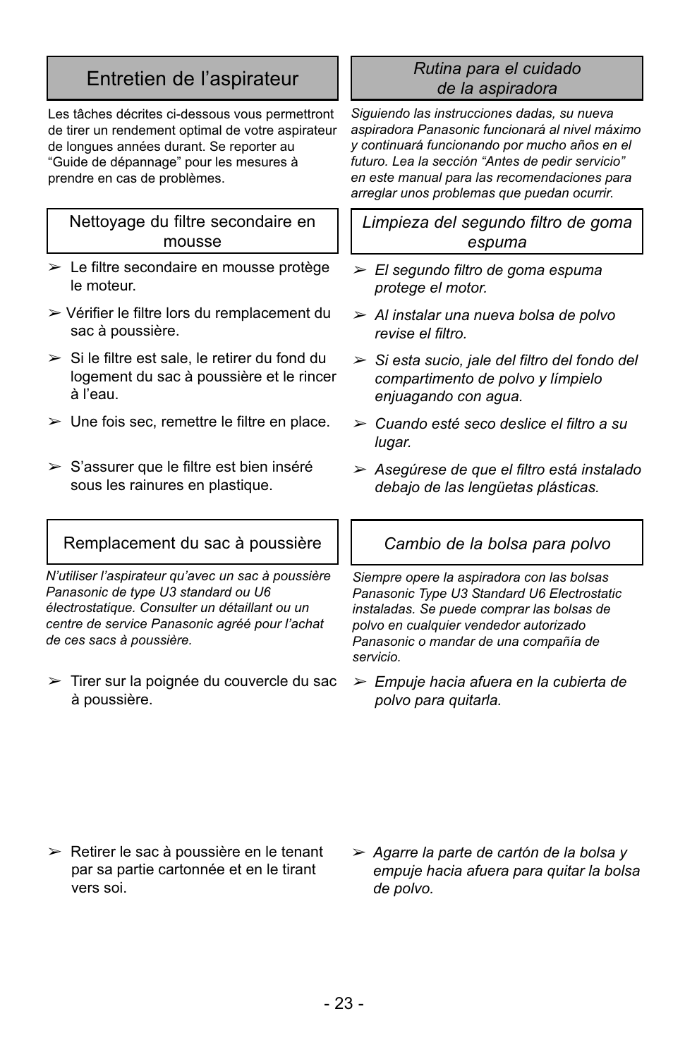 Entretien de l’aspirateur, Rutina para el cudado de su aspiradora | Panasonic MC-UG223 User Manual | Page 23 / 48