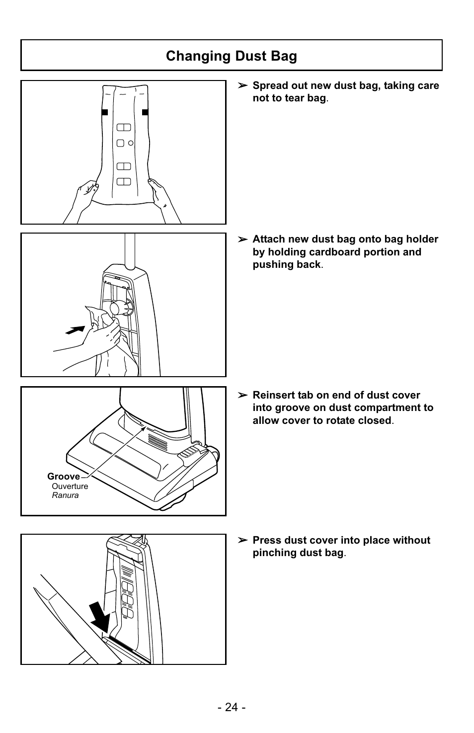 Changing dust bag | Panasonic MC-UG223 User Manual | Page 24 / 48