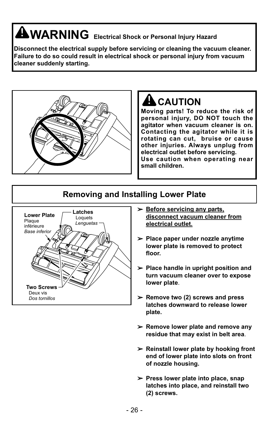 Warning, Caution, Removing and installing lower plate | Panasonic MC-UG223 User Manual | Page 26 / 48