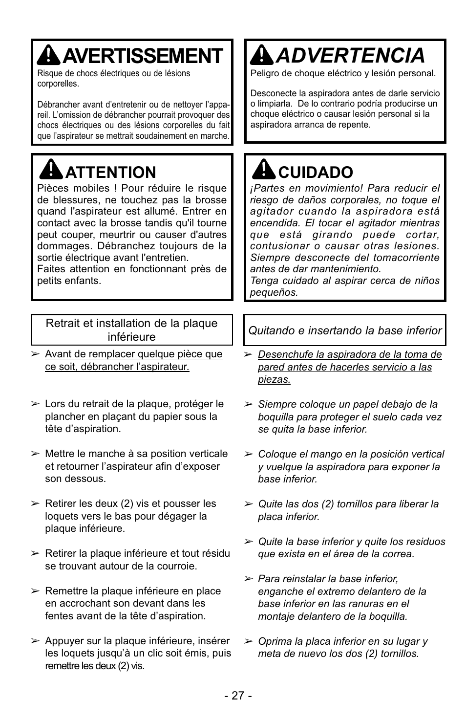 Avertissement, Advertencia, Attention | Cuidado | Panasonic MC-UG223 User Manual | Page 27 / 48