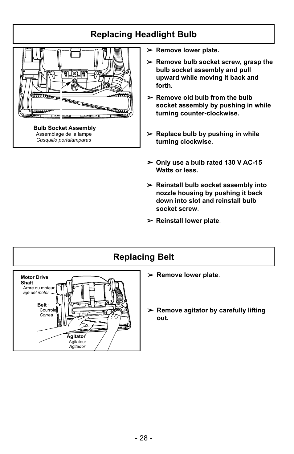 Replacing belt replacing headlight bulb | Panasonic MC-UG223 User Manual | Page 28 / 48