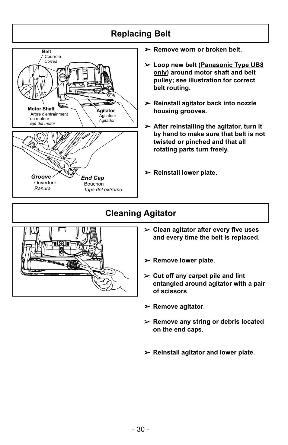 Cleaning agitator, Replacing belt | Panasonic MC-UG223 User Manual | Page 30 / 48