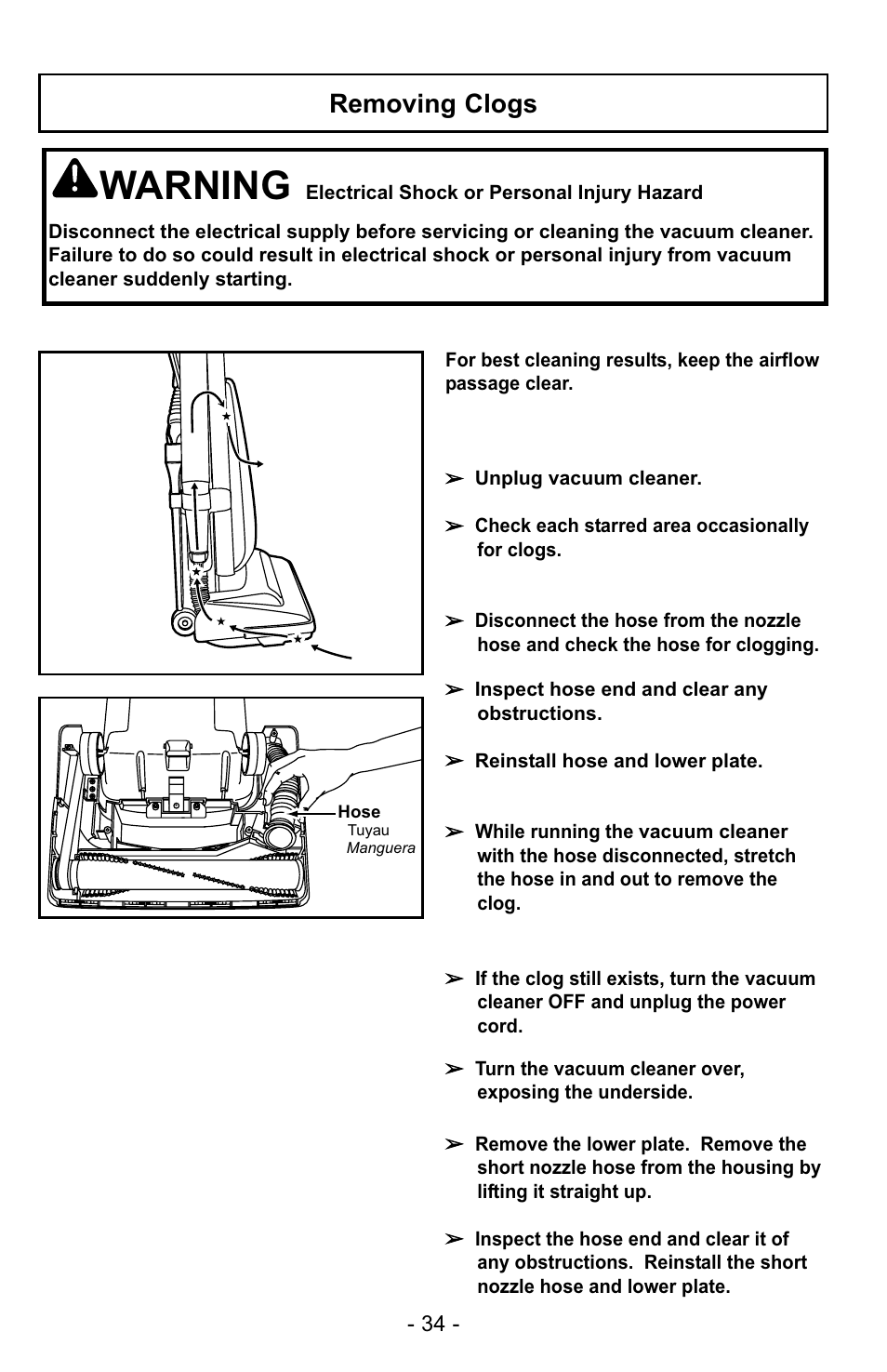 Warning, Removing clogs | Panasonic MC-UG223 User Manual | Page 34 / 48