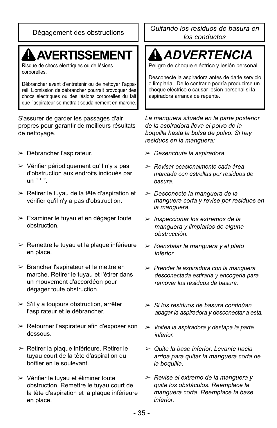 Avertissement, Advertencia | Panasonic MC-UG223 User Manual | Page 35 / 48