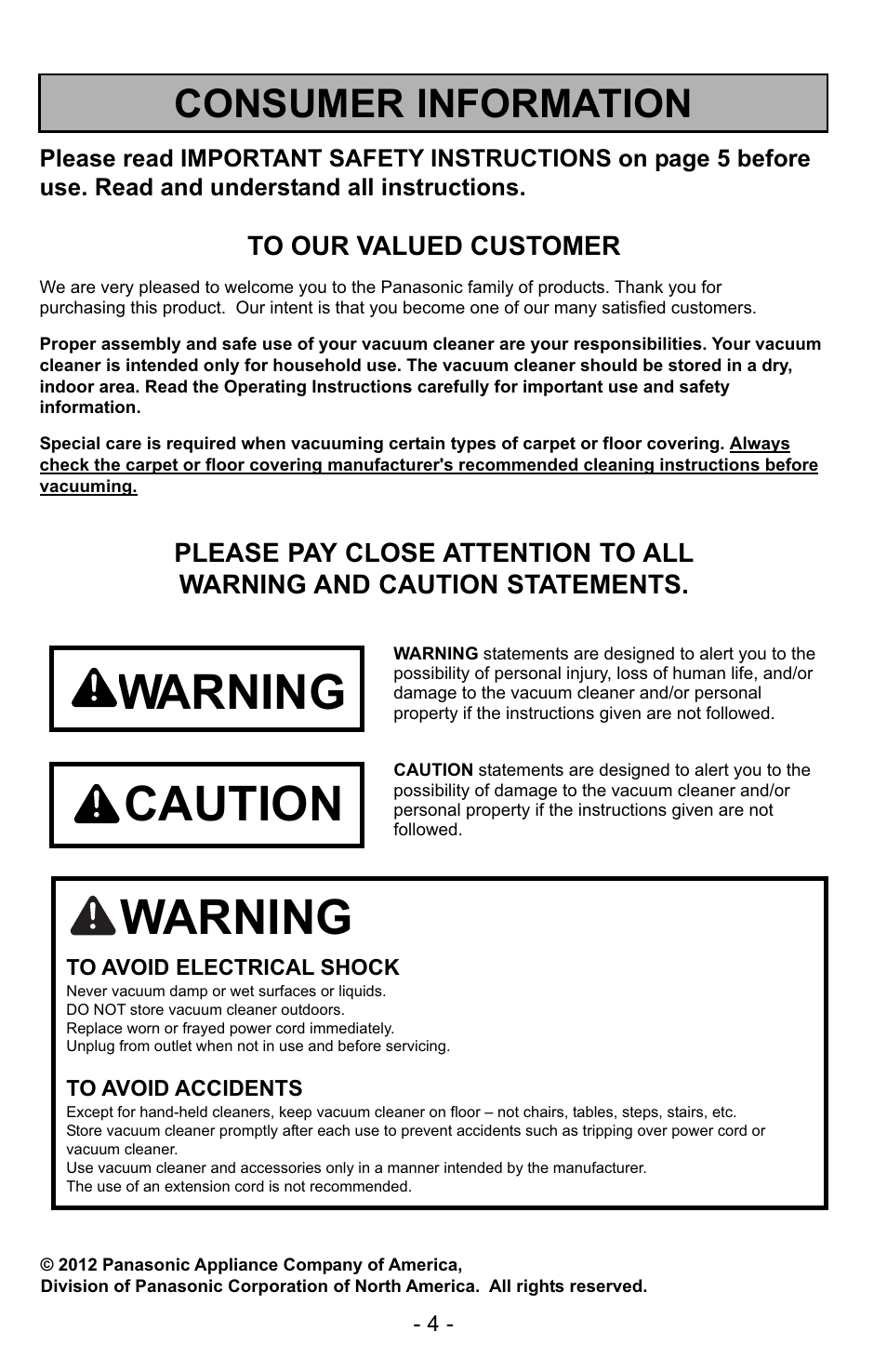 Consumer information, Warning, Caution | Panasonic MC-UG223 User Manual | Page 4 / 48