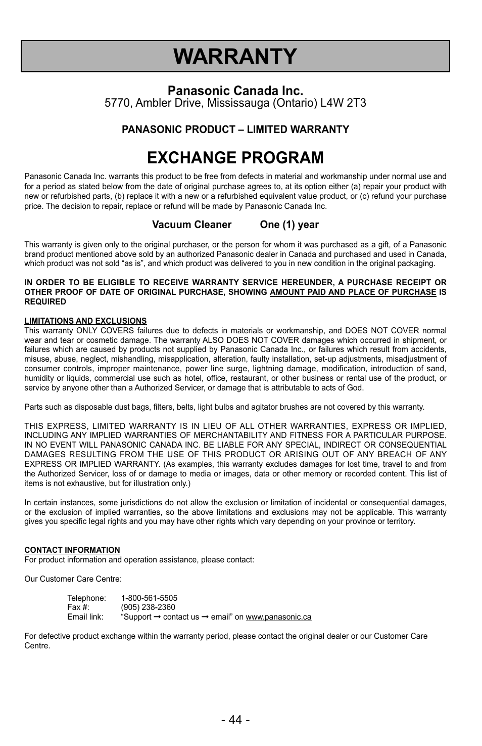 Warranty, Exchange program, Panasonic canada inc | Panasonic MC-UG223 User Manual | Page 44 / 48