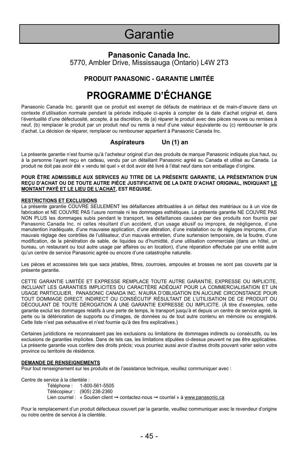 Garantie, Programme d’échange, Panasonic canada inc | Panasonic MC-UG223 User Manual | Page 45 / 48