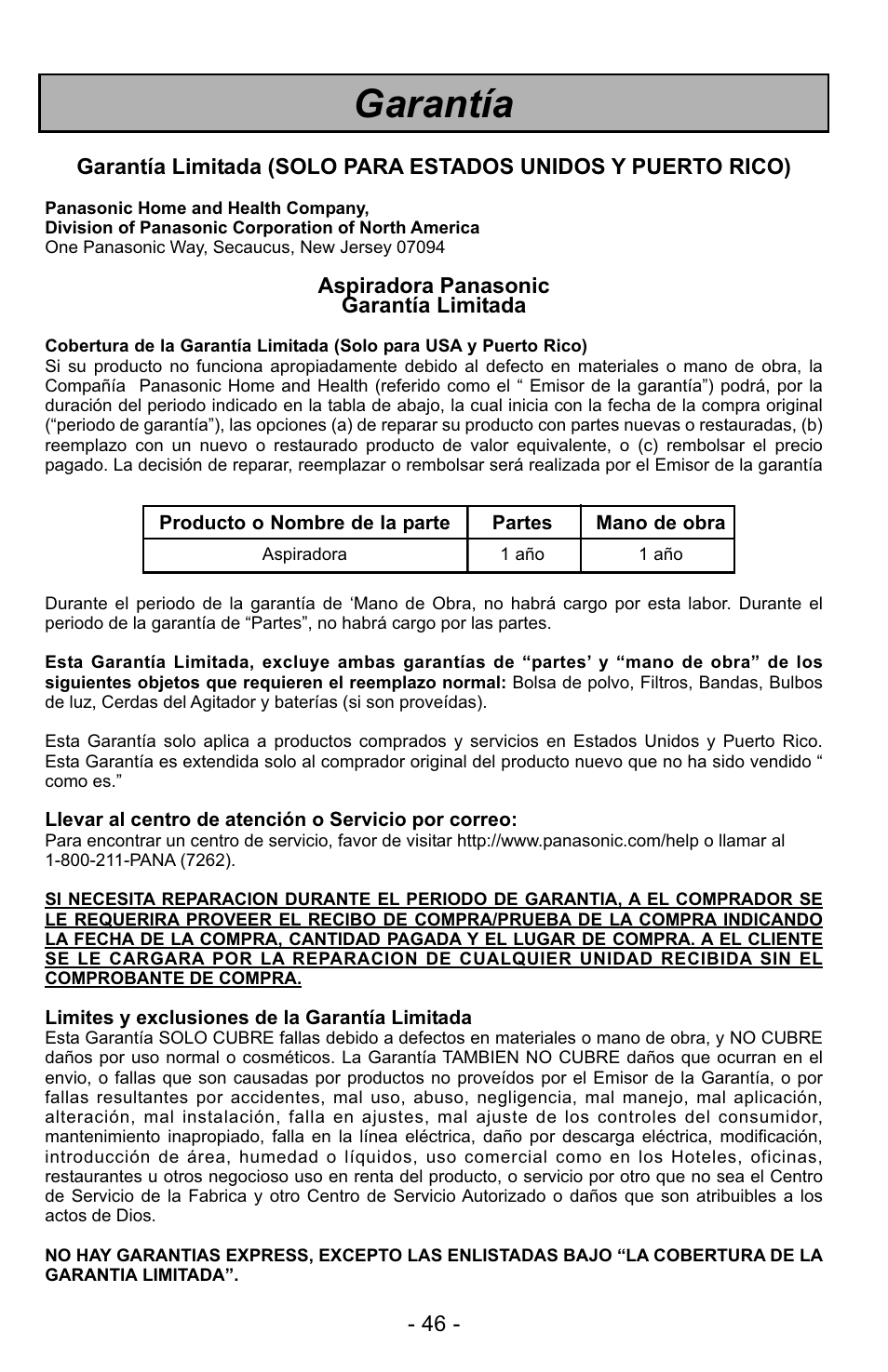 Garantía | Panasonic MC-UG223 User Manual | Page 46 / 48