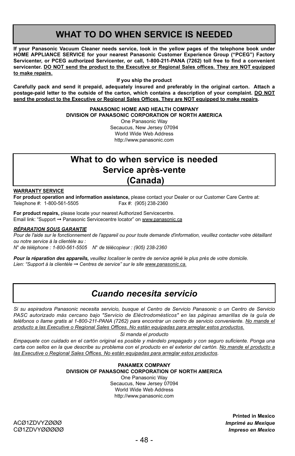 What to do when service is needed, Service après-vente, Cuando necesita servicio | Panasonic MC-UG223 User Manual | Page 48 / 48