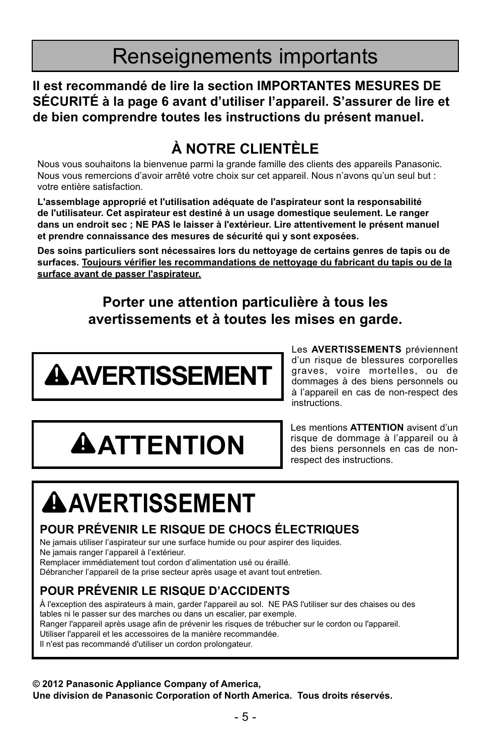 Renseignements importants, Avertissement, Attention | Panasonic MC-UG223 User Manual | Page 5 / 48