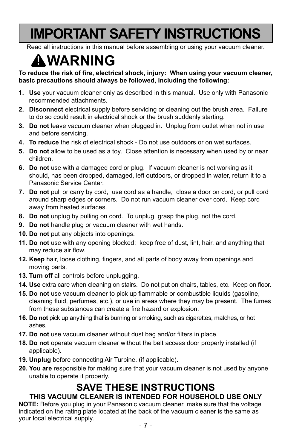 Important safety instructions, Warning, Save these instructions | Panasonic MC-UG223 User Manual | Page 7 / 48