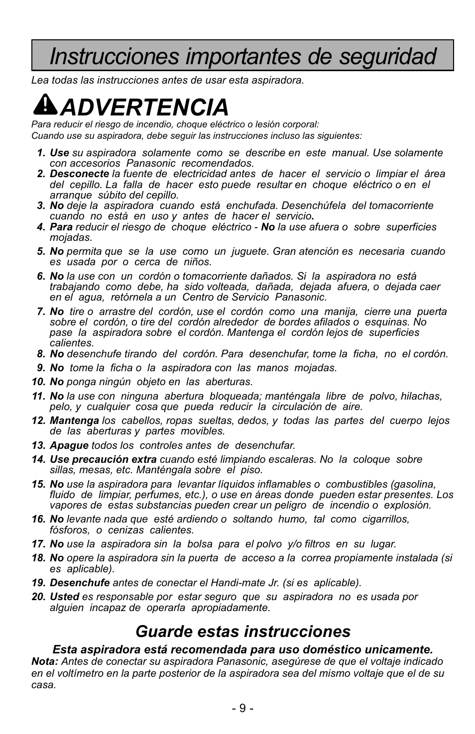 Instrucciones importantesde seguridad, Instrucciones importantes de seguridad, Advertencia | Guarde estas instrucciones | Panasonic MC-UG223 User Manual | Page 9 / 48