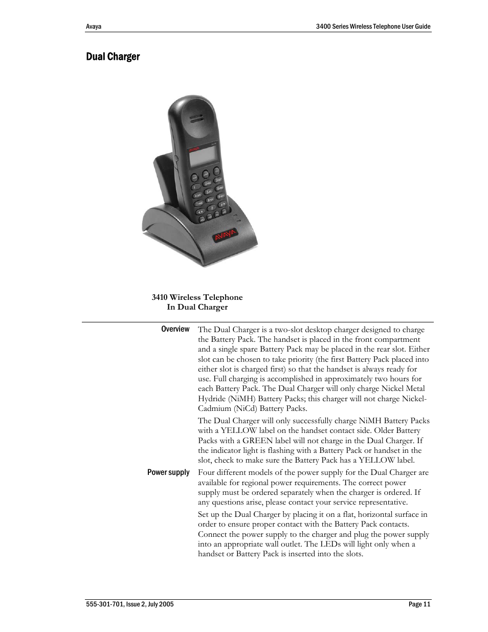 Dual charger | Avaya 3400 Series User Manual | Page 11 / 22