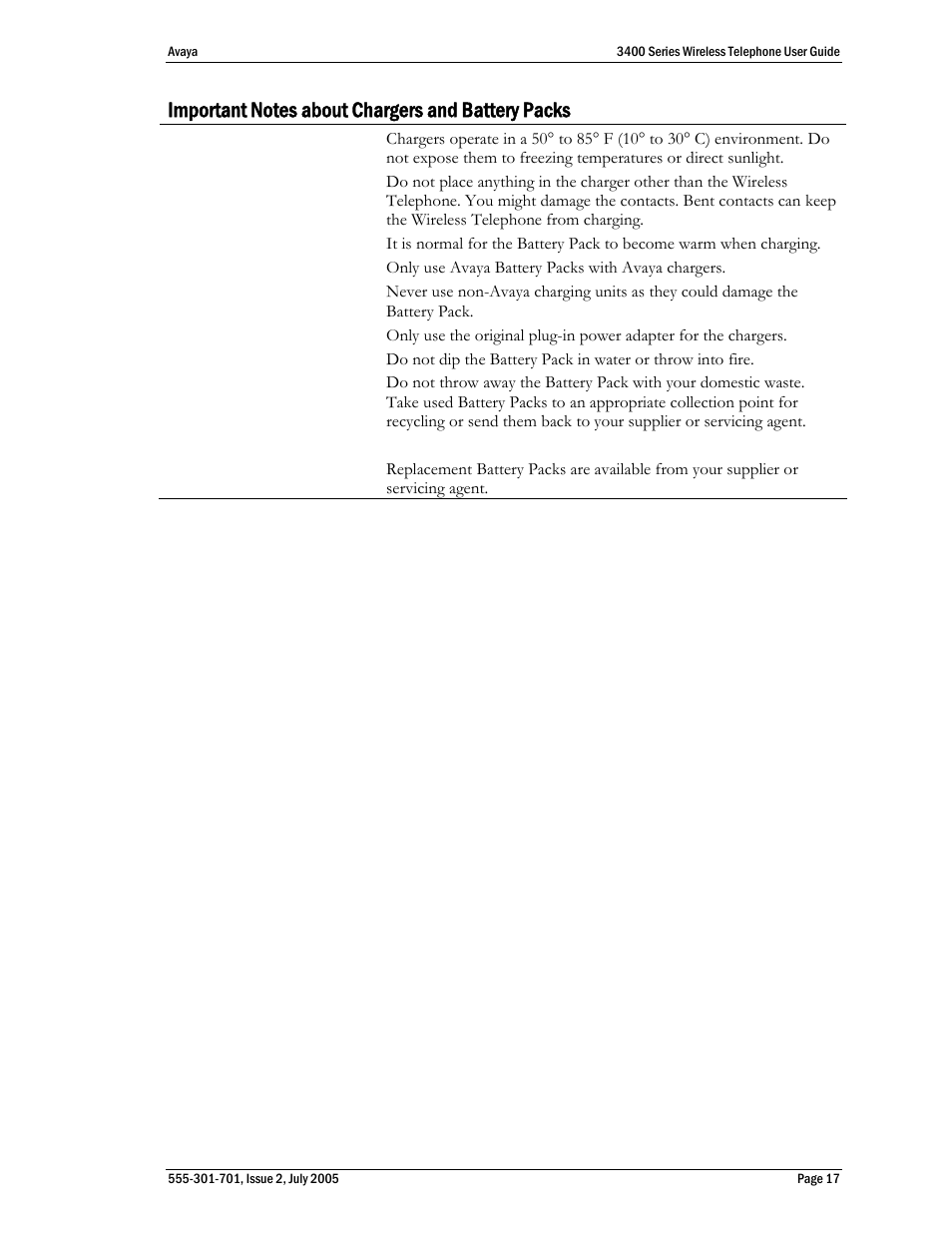 Important notes about chargers and battery packs | Avaya 3400 Series User Manual | Page 17 / 22