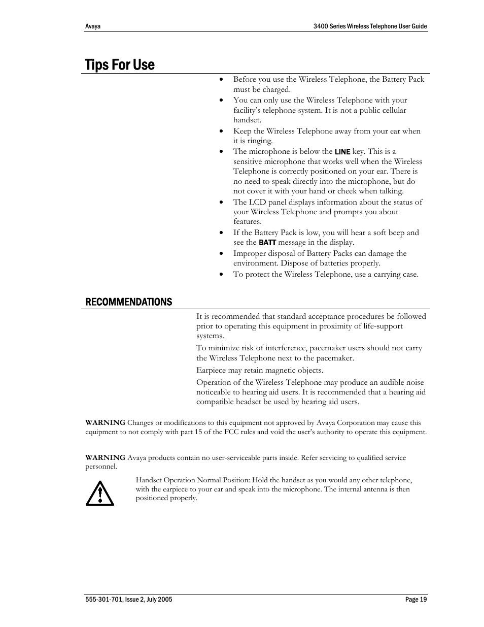 Tips for use, Recommendations, Recommendations 19 | Avaya 3400 Series User Manual | Page 19 / 22
