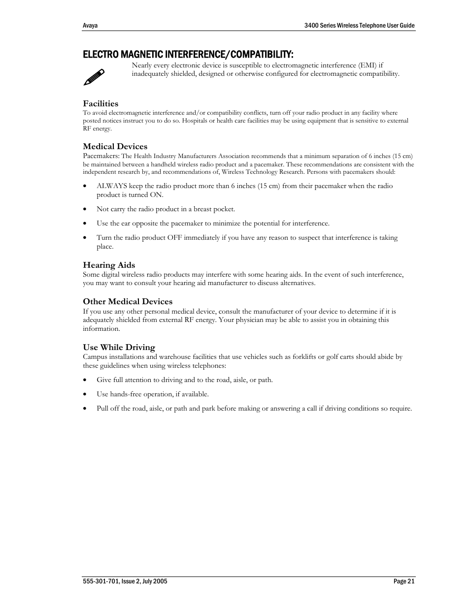 Electro magnetic interference/compatibility | Avaya 3400 Series User Manual | Page 21 / 22