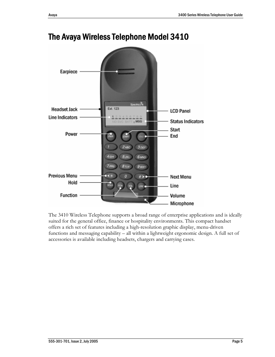 The avaya wireless telephone model 3410 | Avaya 3400 Series User Manual | Page 5 / 22