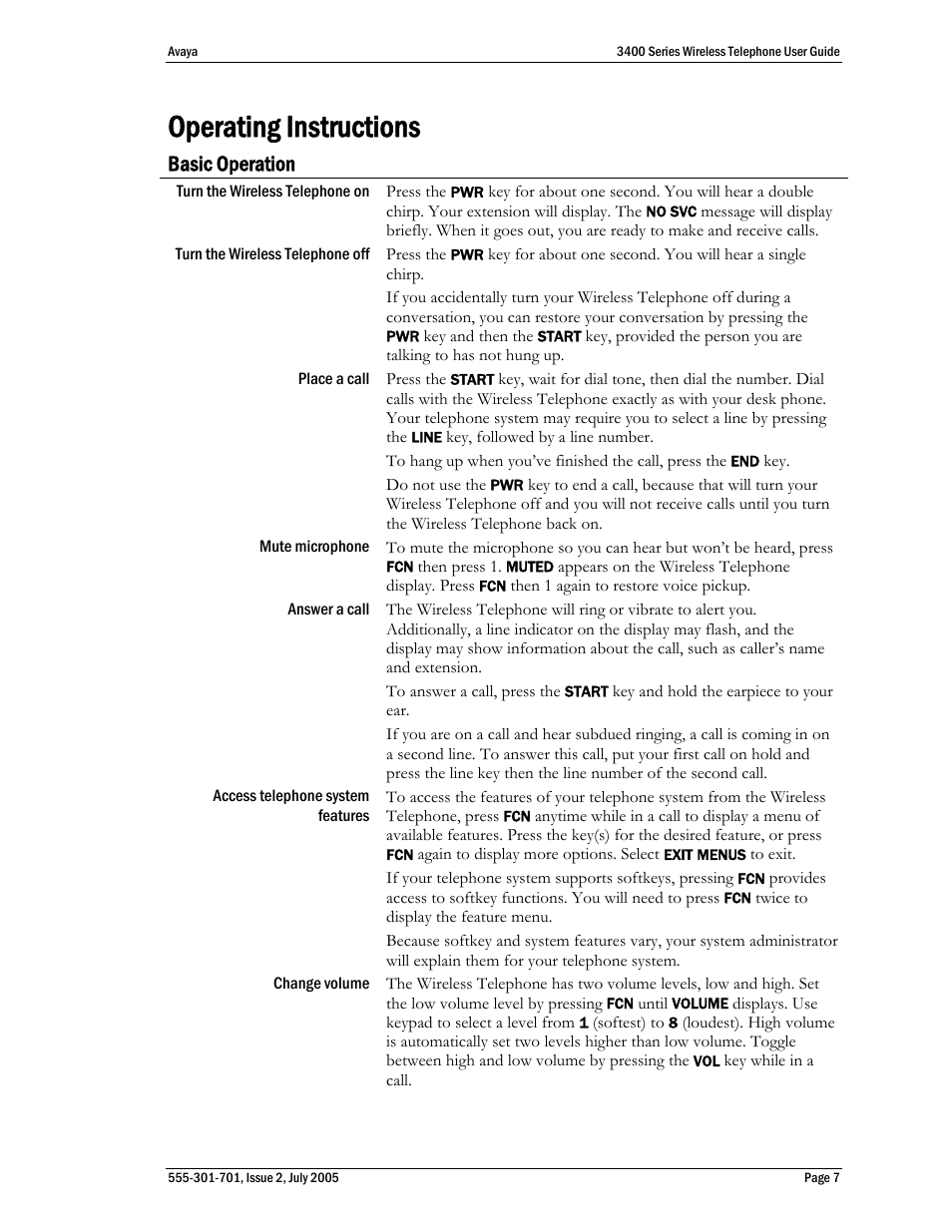 Operating instructions, Basic operation | Avaya 3400 Series User Manual | Page 7 / 22