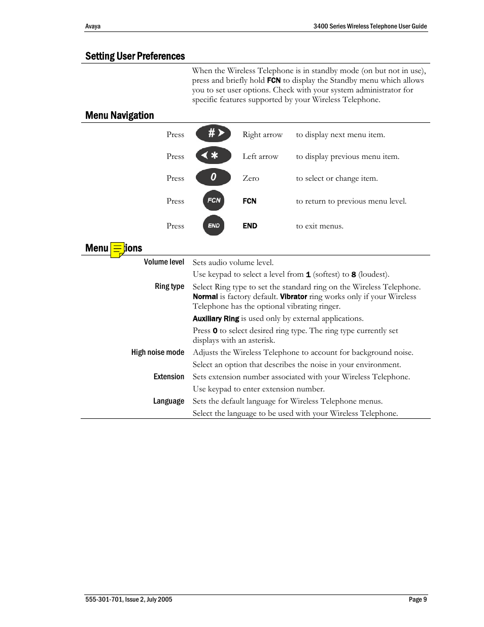 Setting user preferences, Menu navigation, Menu options | Avaya 3400 Series User Manual | Page 9 / 22