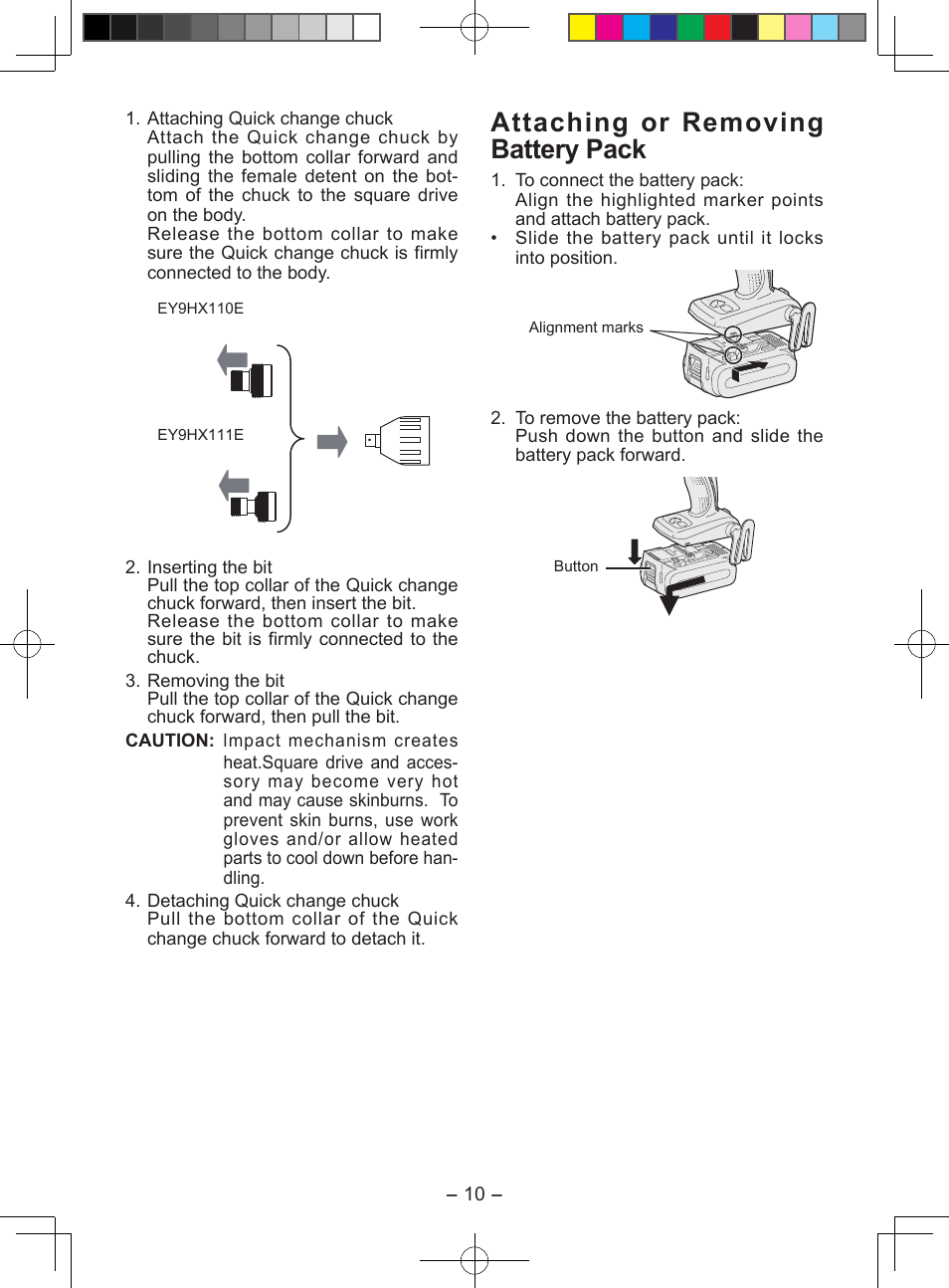 Attaching or removing bat tery pack | Panasonic EY7549X User Manual | Page 10 / 57