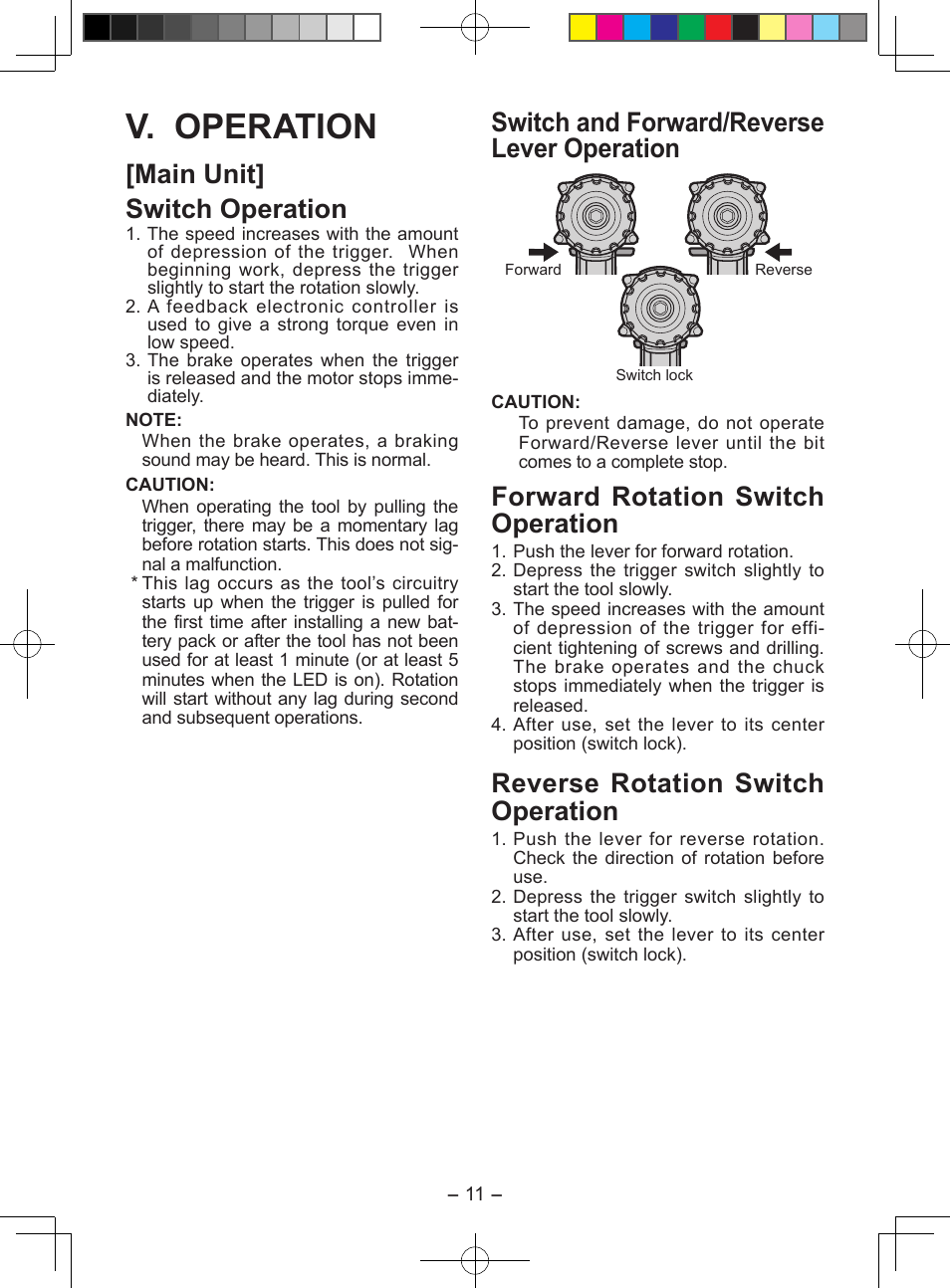 V. operation, Switch and forward/reverse lever operation, Forward rotation switch operation | Reverse rotation switch operation, Main unit] switch operation | Panasonic EY7549X User Manual | Page 11 / 57