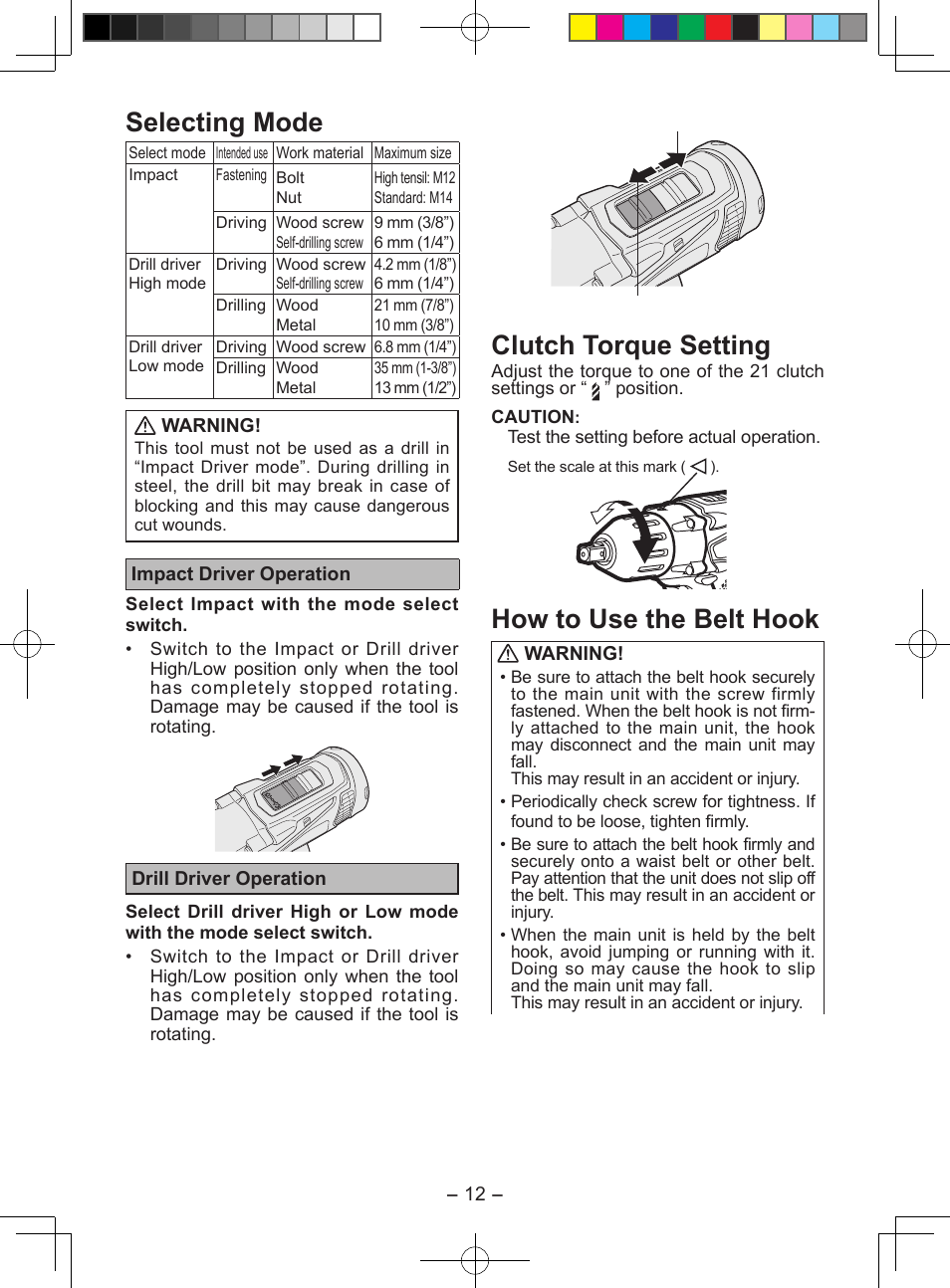 Selecting mode, Clutch torque setting, How to use the belt hook | Panasonic EY7549X User Manual | Page 12 / 57