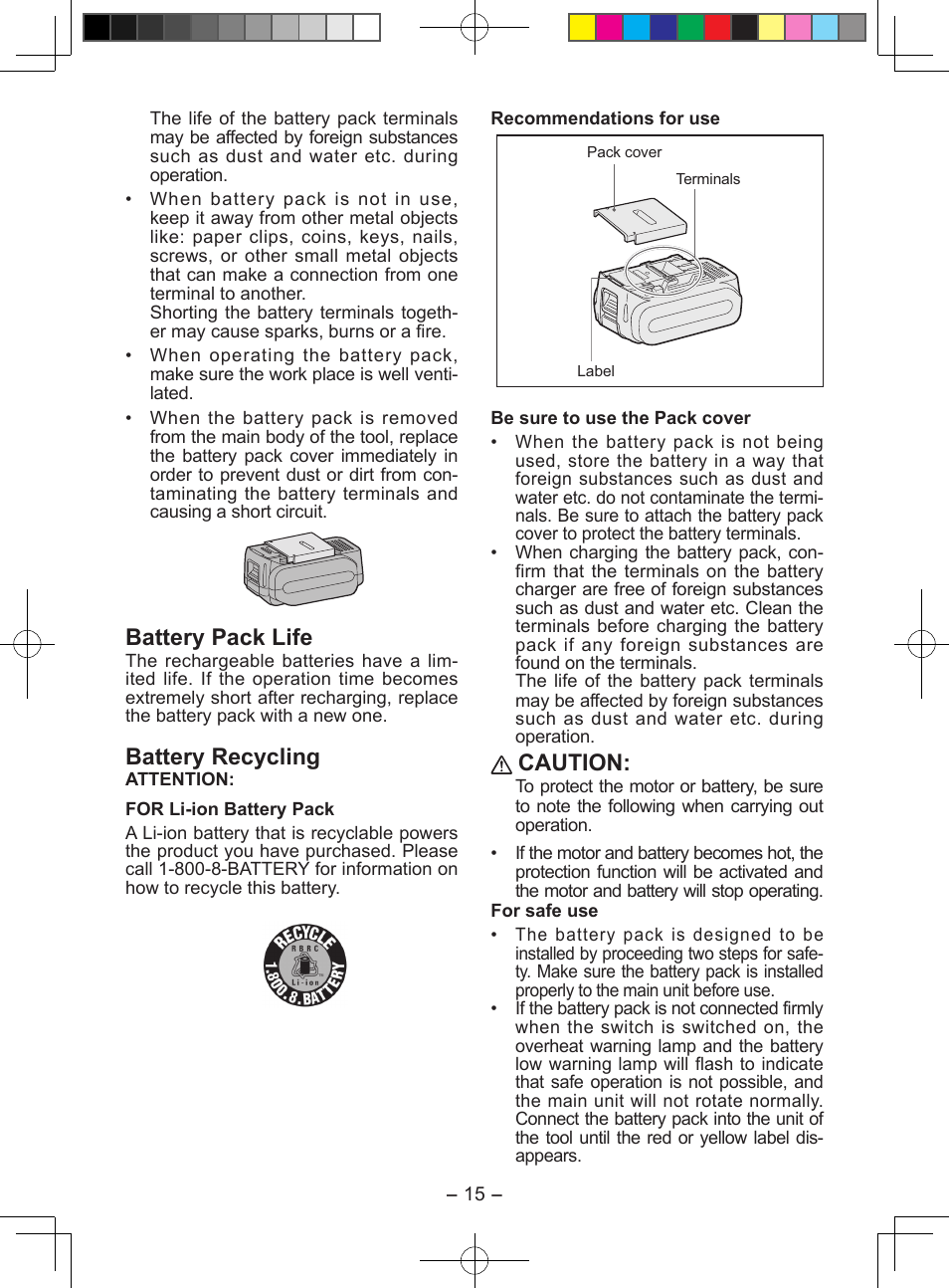 Battery pack life, Battery recycling, Caution | Panasonic EY7549X User Manual | Page 15 / 57