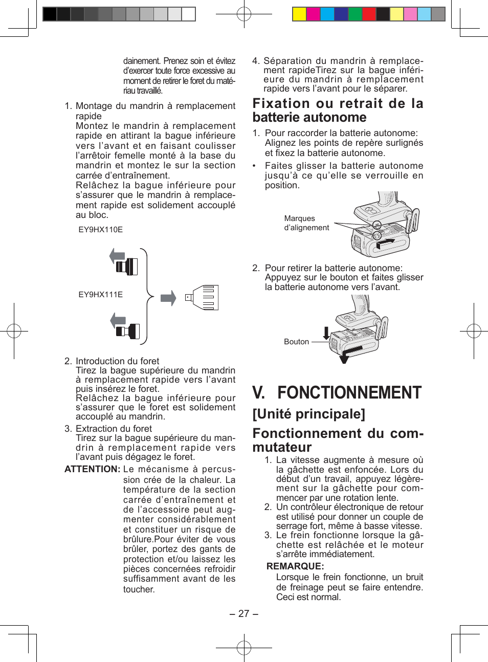 V. fonctionnement, Fixation ou retrait de la bat terie autonome, Unité principale] fonctionnement du com- mutateur | Panasonic EY7549X User Manual | Page 27 / 57
