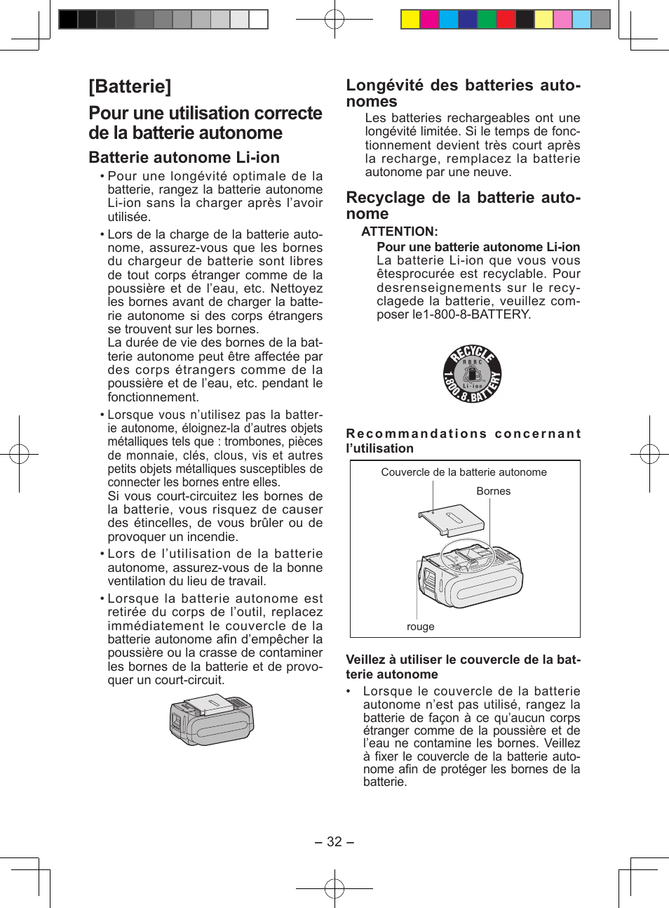 Longévité des batteries auto- nomes, Recyclage de la batterie auto- nome, Batterie autonome li-ion | Panasonic EY7549X User Manual | Page 32 / 57
