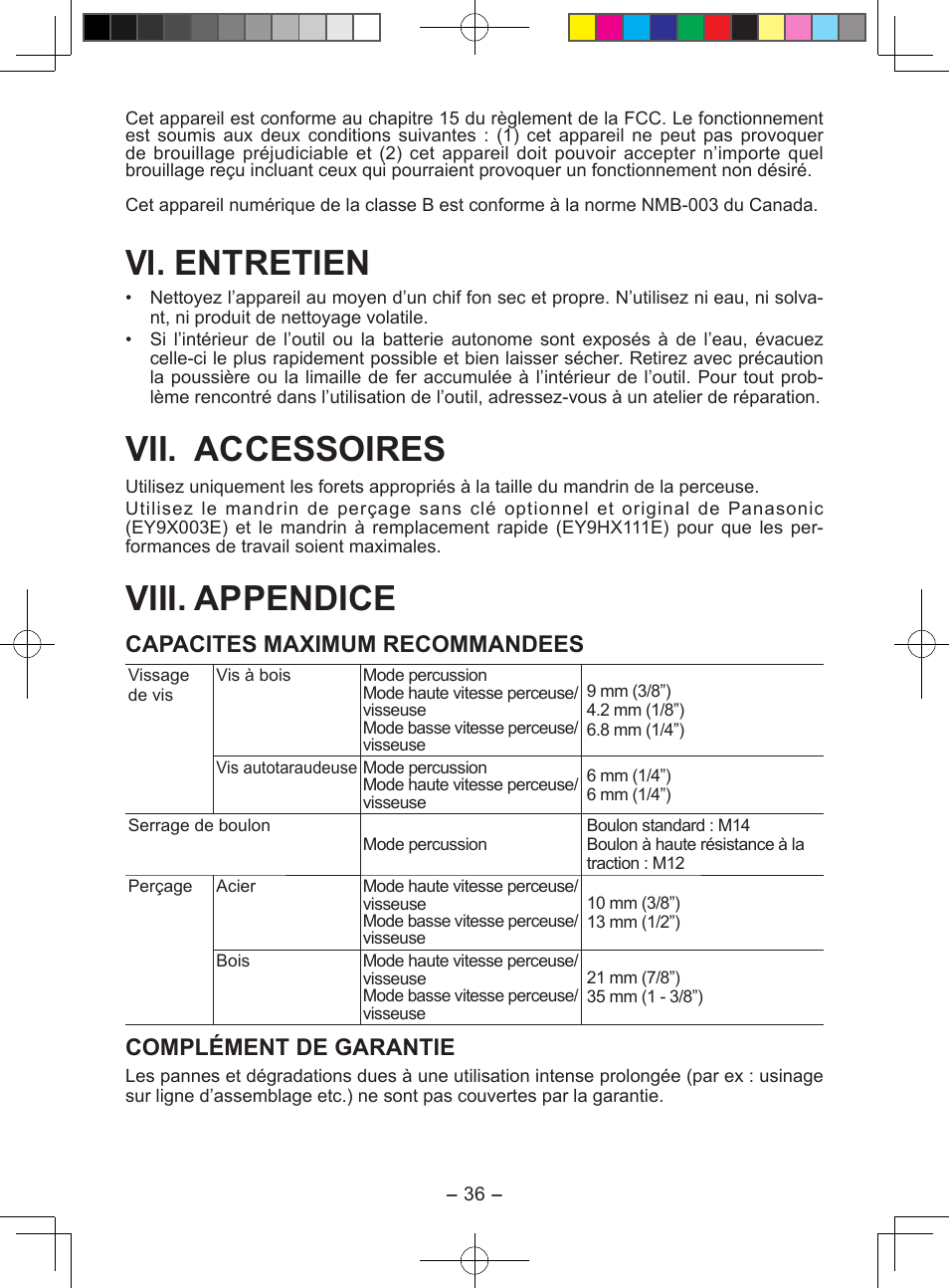Vi. entretien, Vii. accessoires, Viii. appendice | Capacites maximum recommandees, Complément de garantie | Panasonic EY7549X User Manual | Page 36 / 57