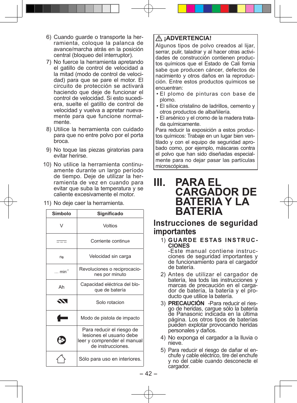 Iii. para el cargador de bateria y la bateria, Instrucciones de seguridad importantes | Panasonic EY7549X User Manual | Page 42 / 57