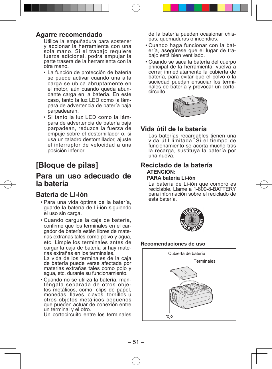 Vida útil de la batería, Reciclado de la batería, Agarre recomendado | Batería de li-ión | Panasonic EY7549X User Manual | Page 51 / 57