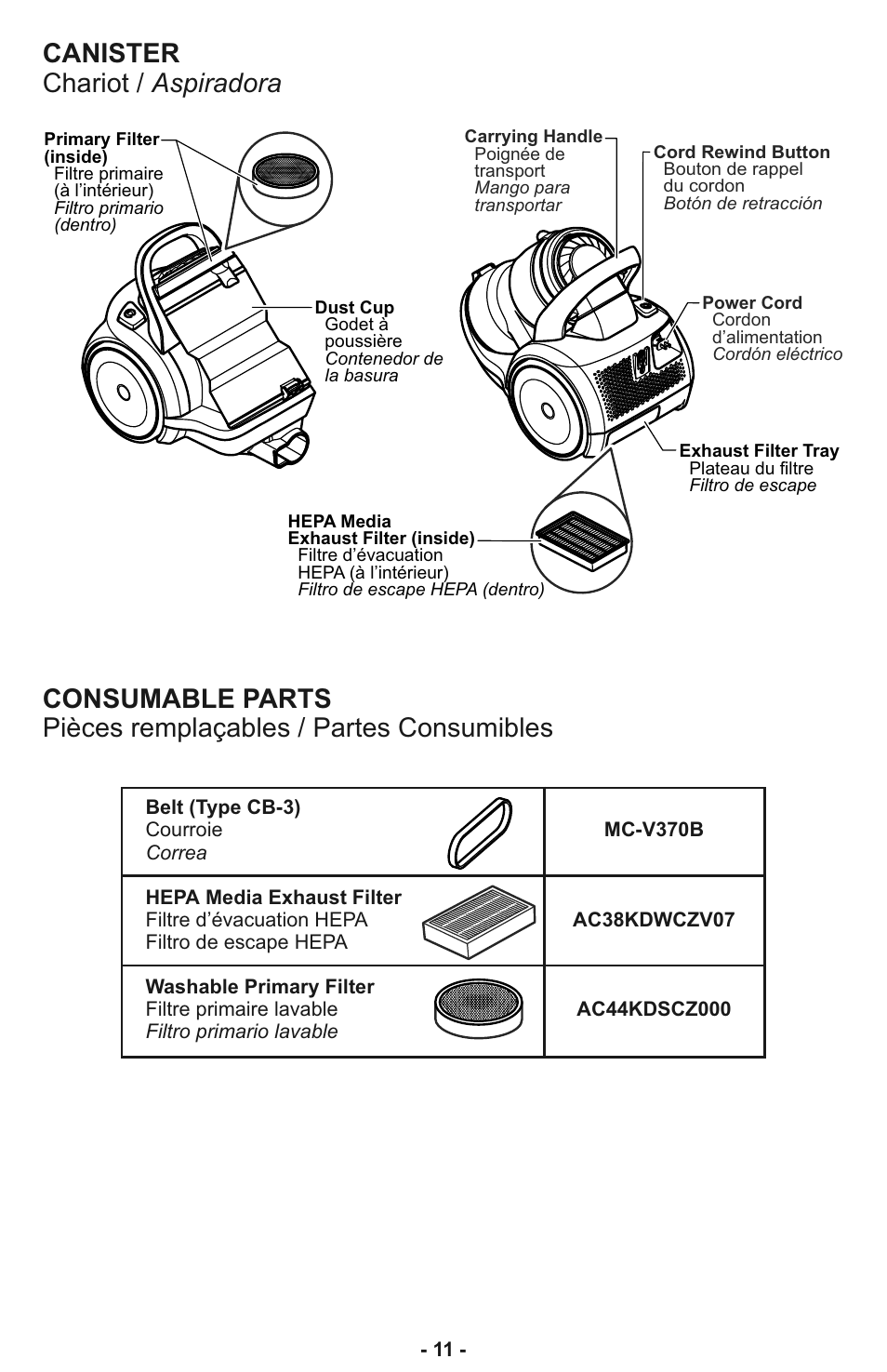 Canister chariot / aspiradora | Panasonic MC-CL935 User Manual | Page 11 / 56