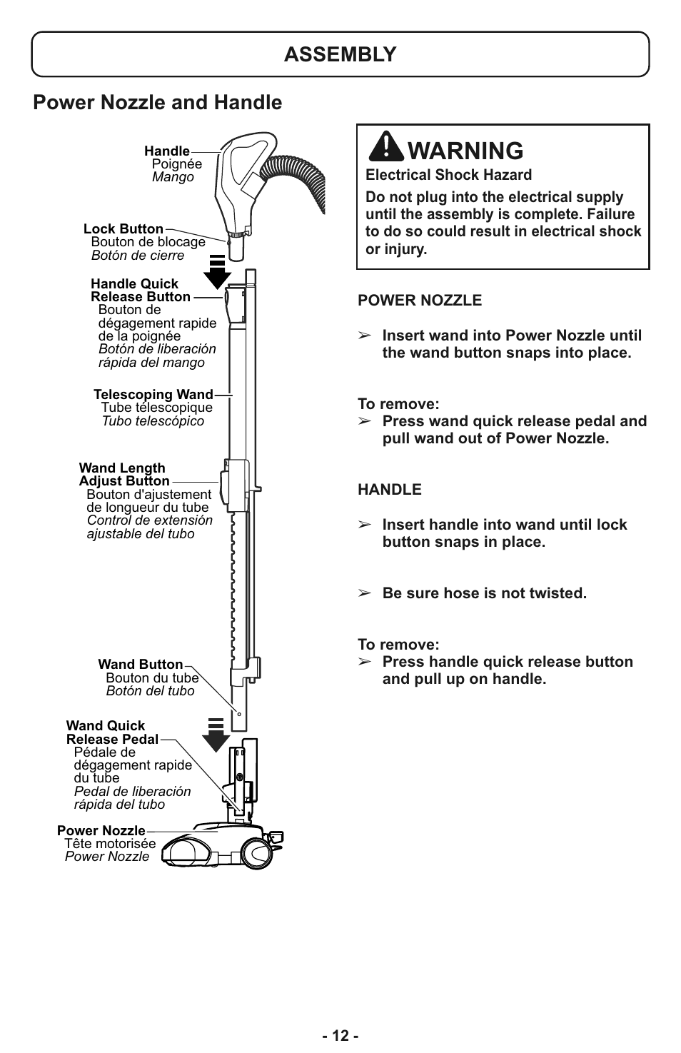 Assembly, Warning, Power nozzle and handle | Panasonic MC-CL935 User Manual | Page 12 / 56