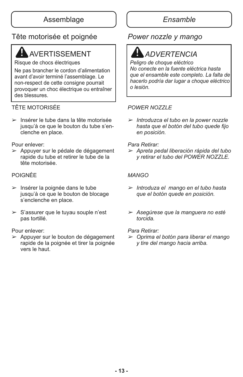 Assemblage avertissement, Ensamble advertencia, Tête motorisée et poignée power nozzle y mango | Panasonic MC-CL935 User Manual | Page 13 / 56