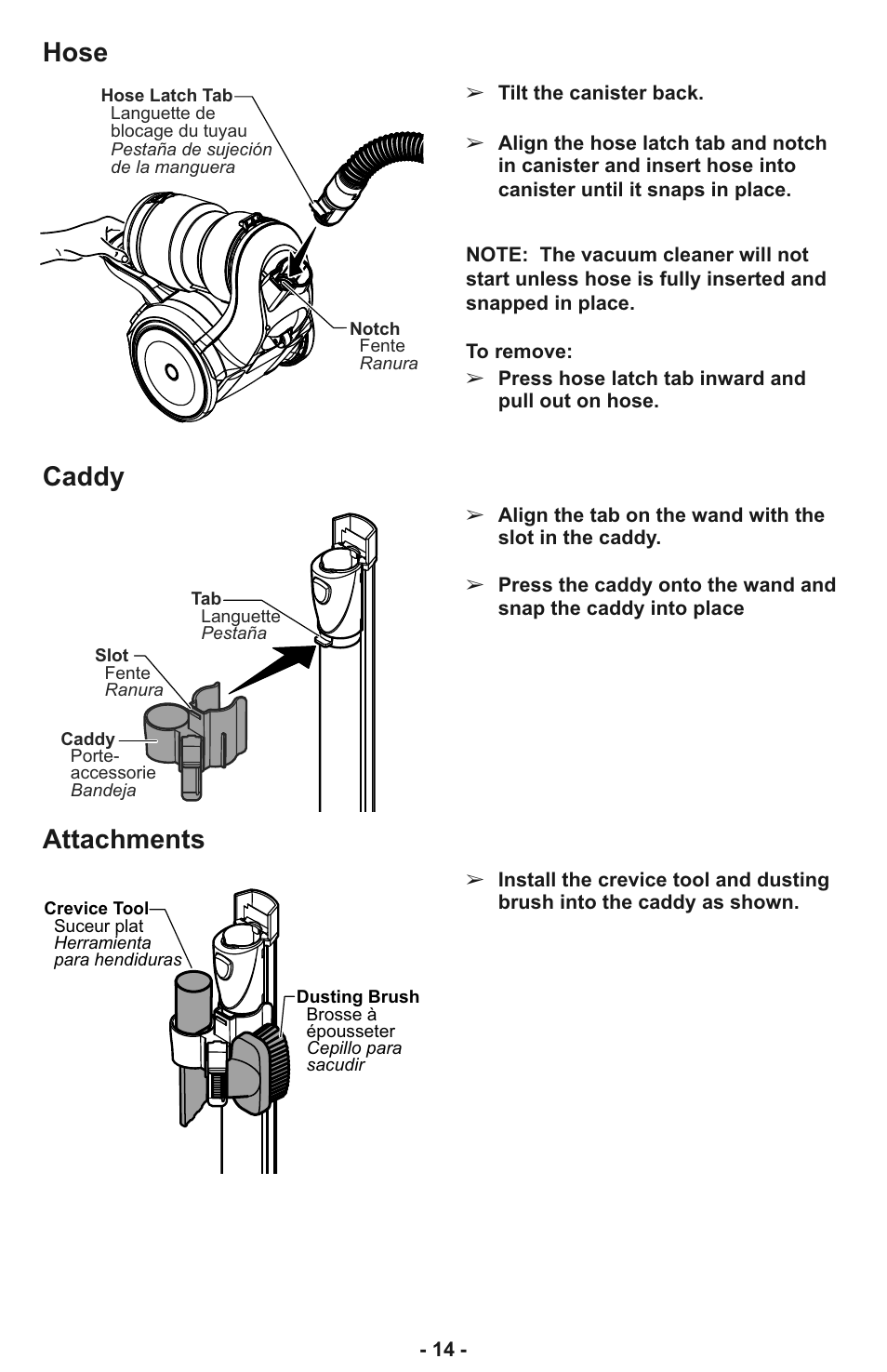 Attachments caddy hose | Panasonic MC-CL935 User Manual | Page 14 / 56
