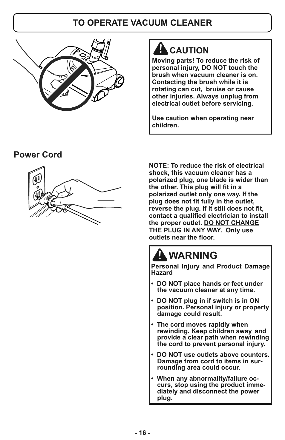 To operate vacuum cleaner, Warning, Power cord | Panasonic MC-CL935 User Manual | Page 16 / 56