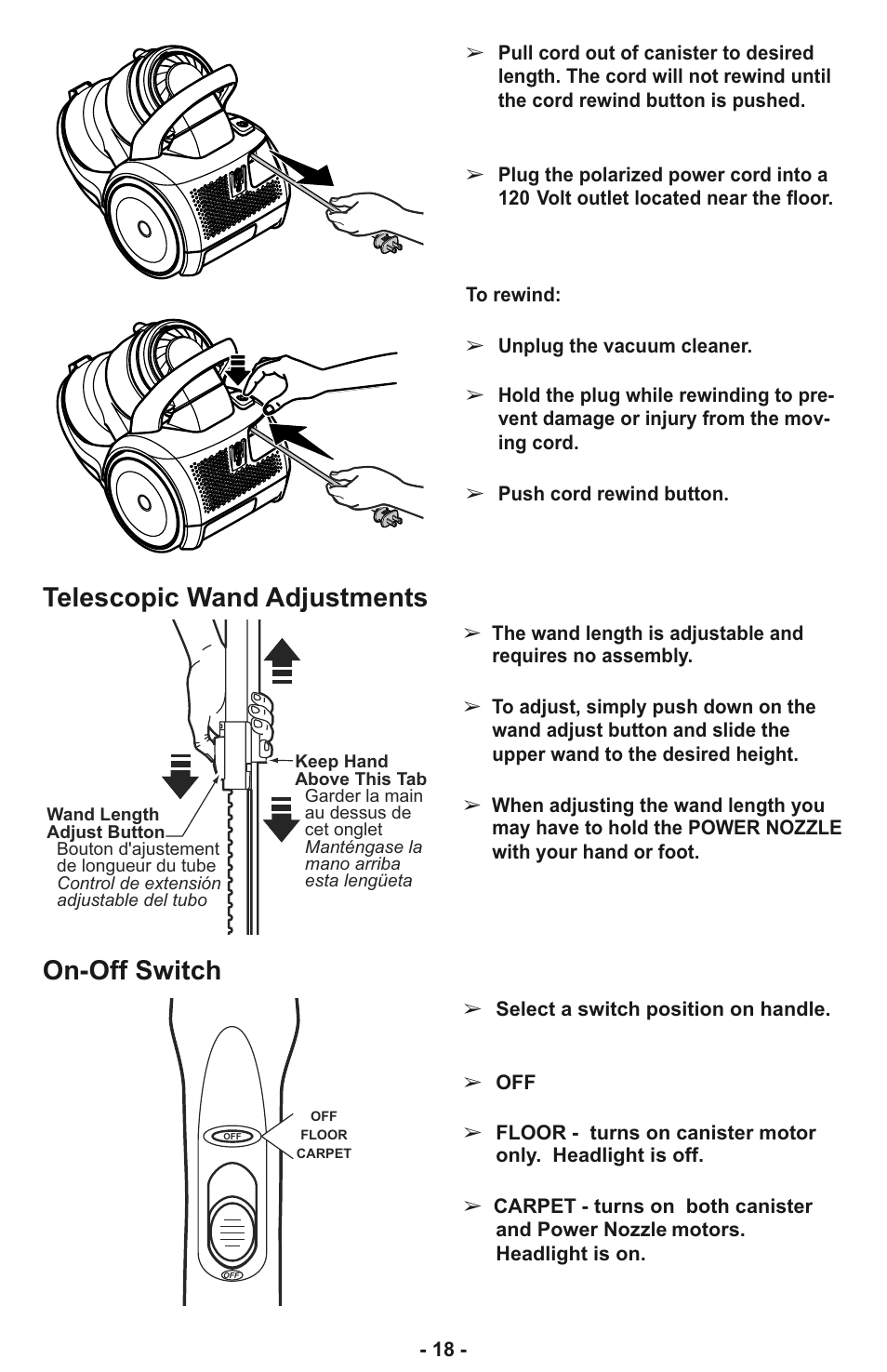 Telescopic wand adjustments, On-off switch | Panasonic MC-CL935 User Manual | Page 18 / 56
