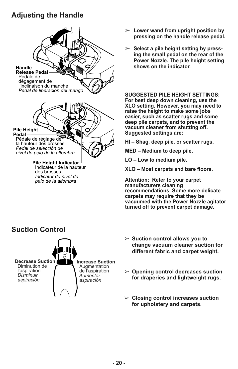 Adjusting the handle, Suction control | Panasonic MC-CL935 User Manual | Page 20 / 56