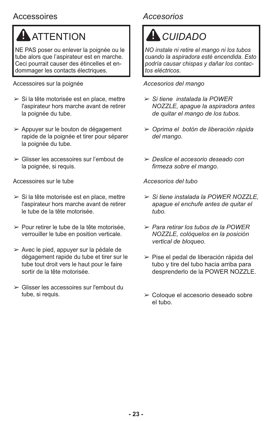 Attention, Cuidado, Accessoires accesorios | Panasonic MC-CL935 User Manual | Page 23 / 56
