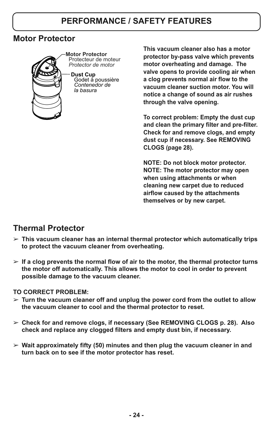 Performance/safety features, Performance / safety features, Thermal protector motor protector | Panasonic MC-CL935 User Manual | Page 24 / 56