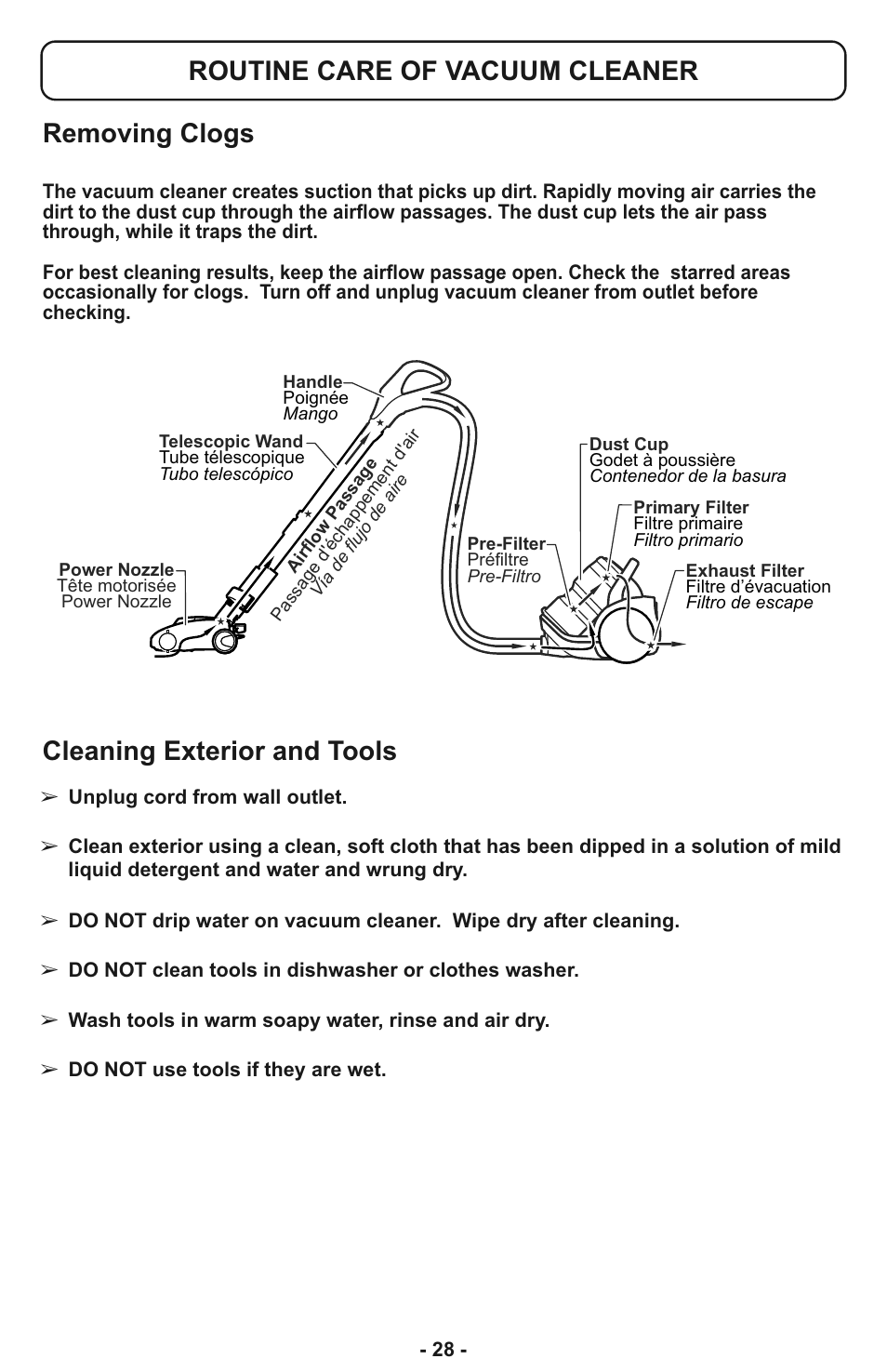 Routine care of vacuum cleaner, Removing clogs routine care of vacuum cleaner, Cleaning exterior and tools | Panasonic MC-CL935 User Manual | Page 28 / 56